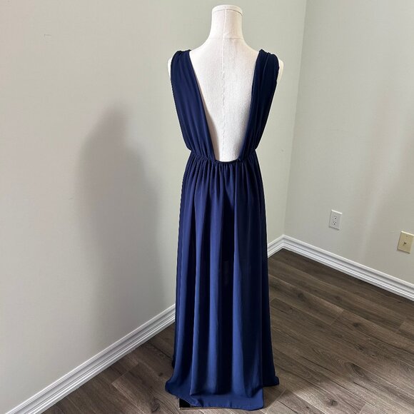 EUC Popygum Navy Blue Plunging Neckline Gala Dress, Wedding Guest Dress, Maxi - Picture 5 of 9